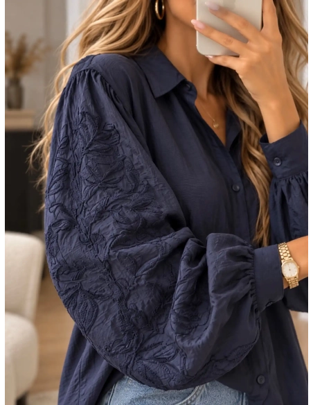 Chemise femme brodé bleu marine - ISOLDA - Affaire de Filles