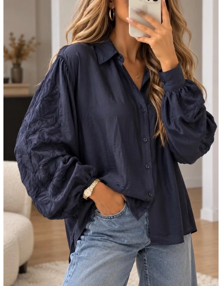 Chemise femme brodé bleu marine - ISOLDA - Affaire de Filles