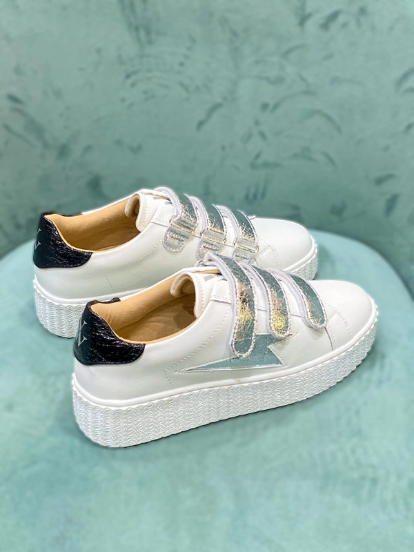 Baskets éclair blanc et argent à scratchs -...