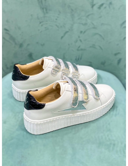Baskets éclair blanc et argent à scratchs - MARILOU