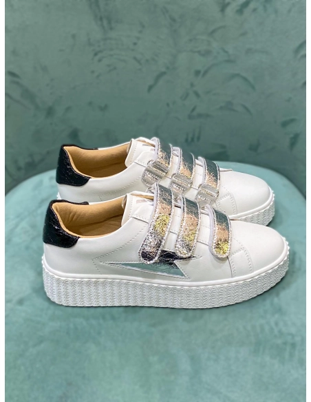 Baskets éclair blanc et argent à scratchs - MARILOU