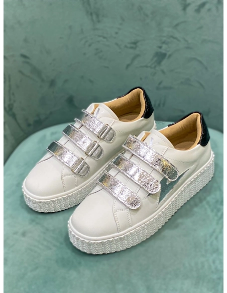 Baskets éclair blanc et argent à scratchs - MARILOU