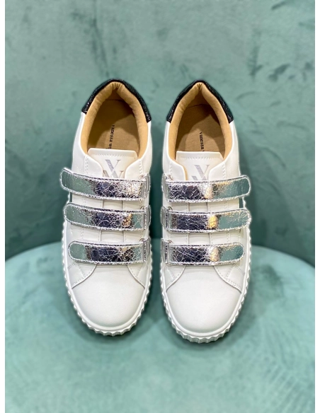 Baskets éclair blanc et argent à scratchs - MARILOU